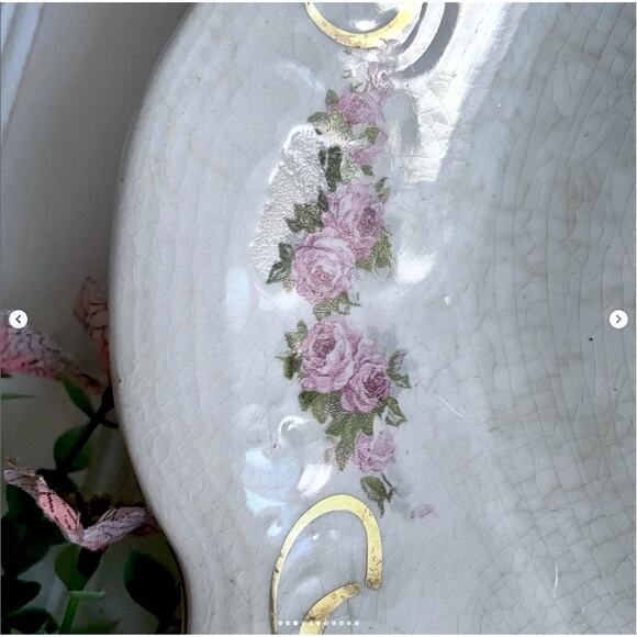 Antique Limoges Porcelain Oval Platter Tray Pink Rose Gold Embellishments - Picture 3 of 8